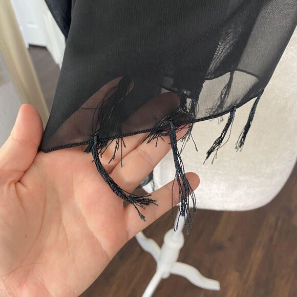 Witchy Whimsygoth Black Mesh Satin Fringe Paisley Scarf / Shawl 42 x 68" Large - Picture 5 of 6